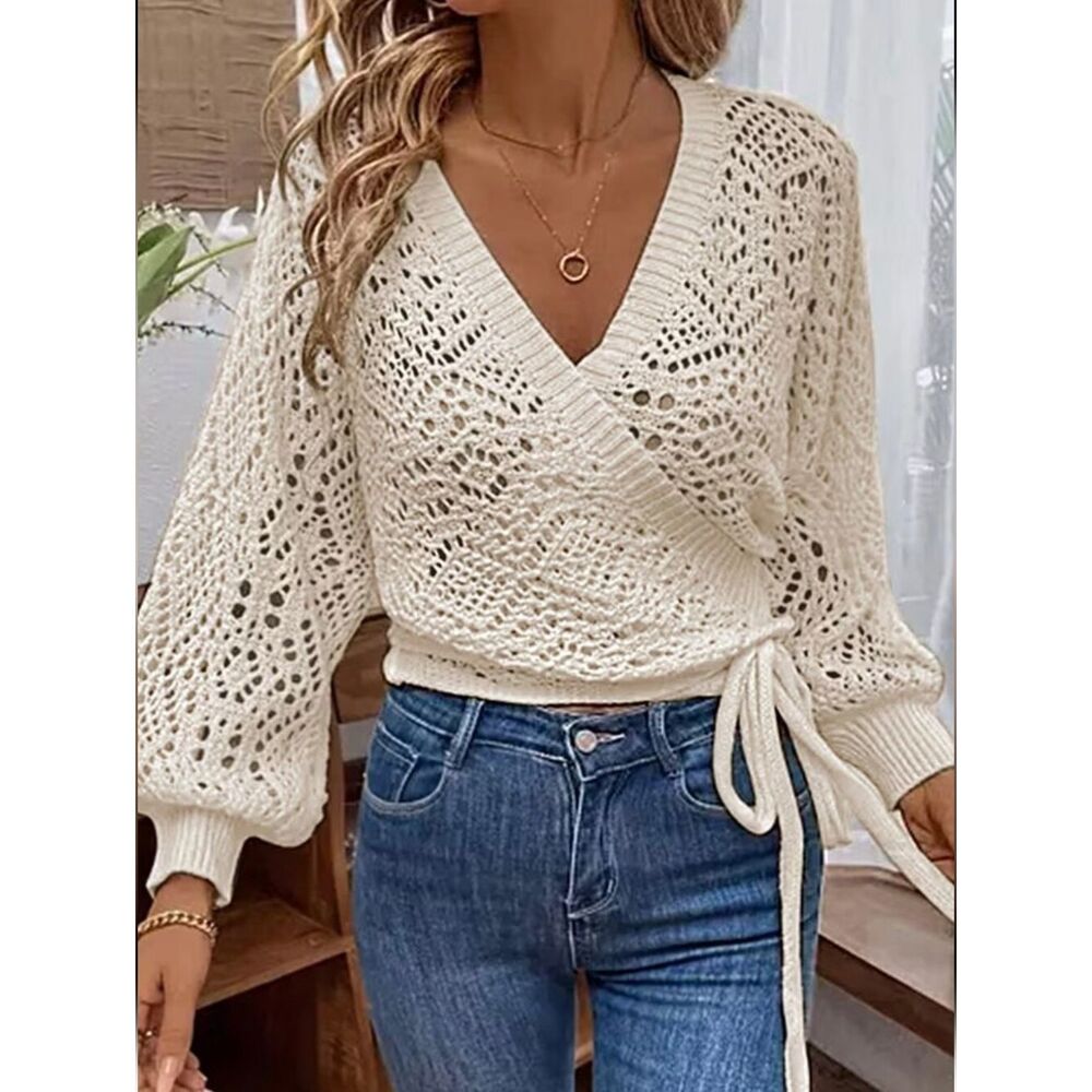 ♡♡♡Women’s Cream Soft Open Knit Tie Wrap Sweater Sz LARGE